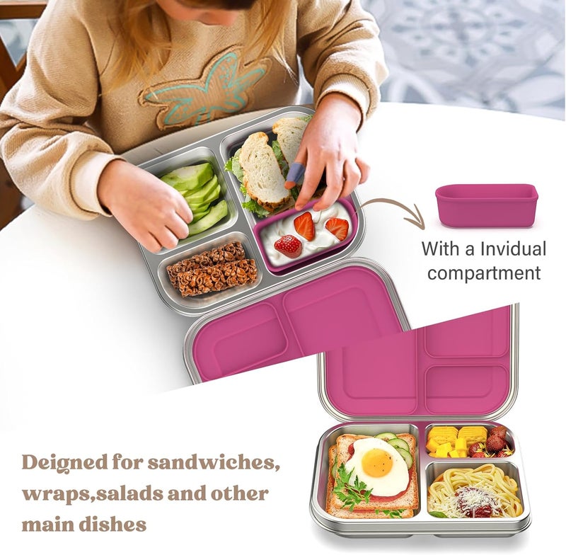 BABHAMNESS Stainless Steel Bento Box Kids, 3 Compartments Leak Proof Metal Bento Lunch Box, 304 Stainless Steel Bento Lunch Containers for School and Office,Dishwasher Safe, BPA-Free-Pink - Image 2